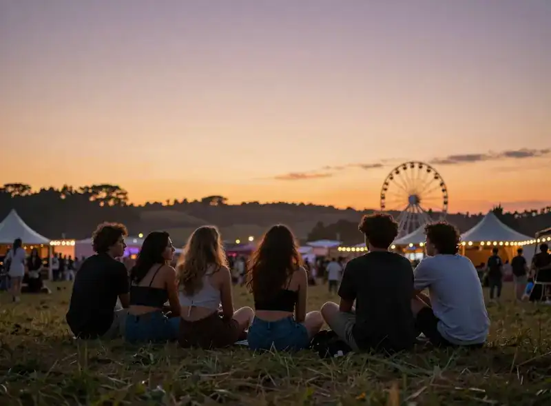 Friends relaxing on a hillside overlooking a festival campground at golden-hour sunset